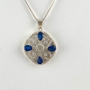 Art Deco retro Blue Sapphire & CZ's 925 Silvwer Pendant